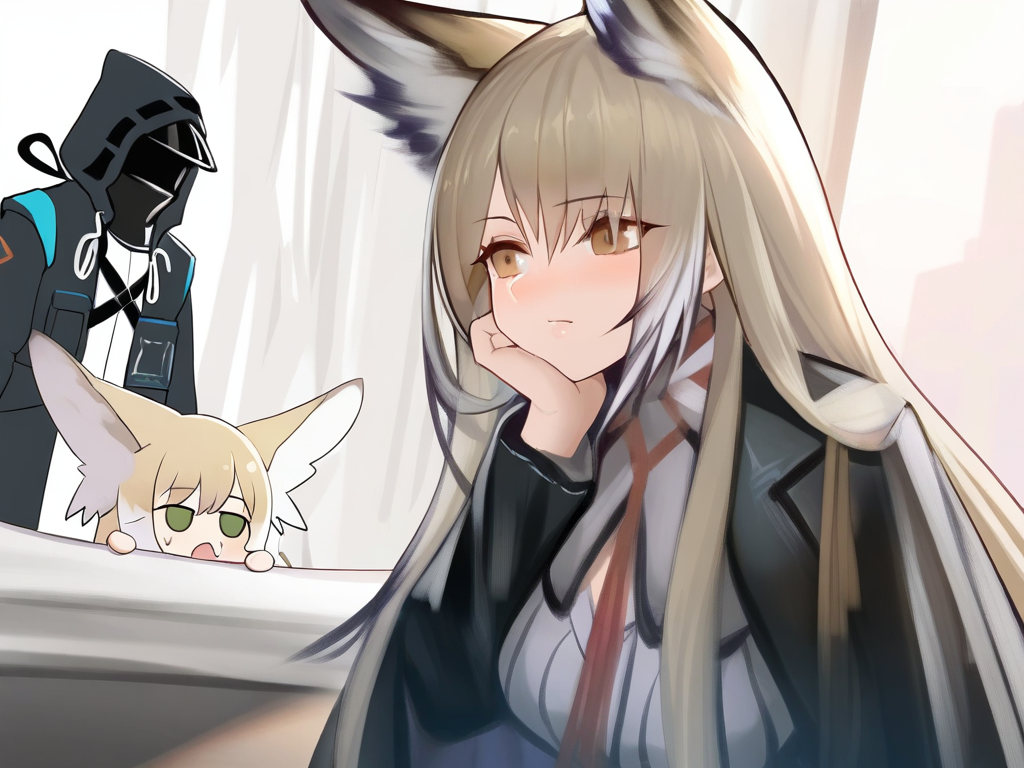 masterpiece, best quality, very aesthetic, highres, absurdres,(miurahha, bacius, ririko \(fhnngririko\):0.4), <lora:vulpisfoglia:1>, 1boy and 2girlsï¼vulpisfoglia (arknights),doctor_(arknights),suzuran (arknights)