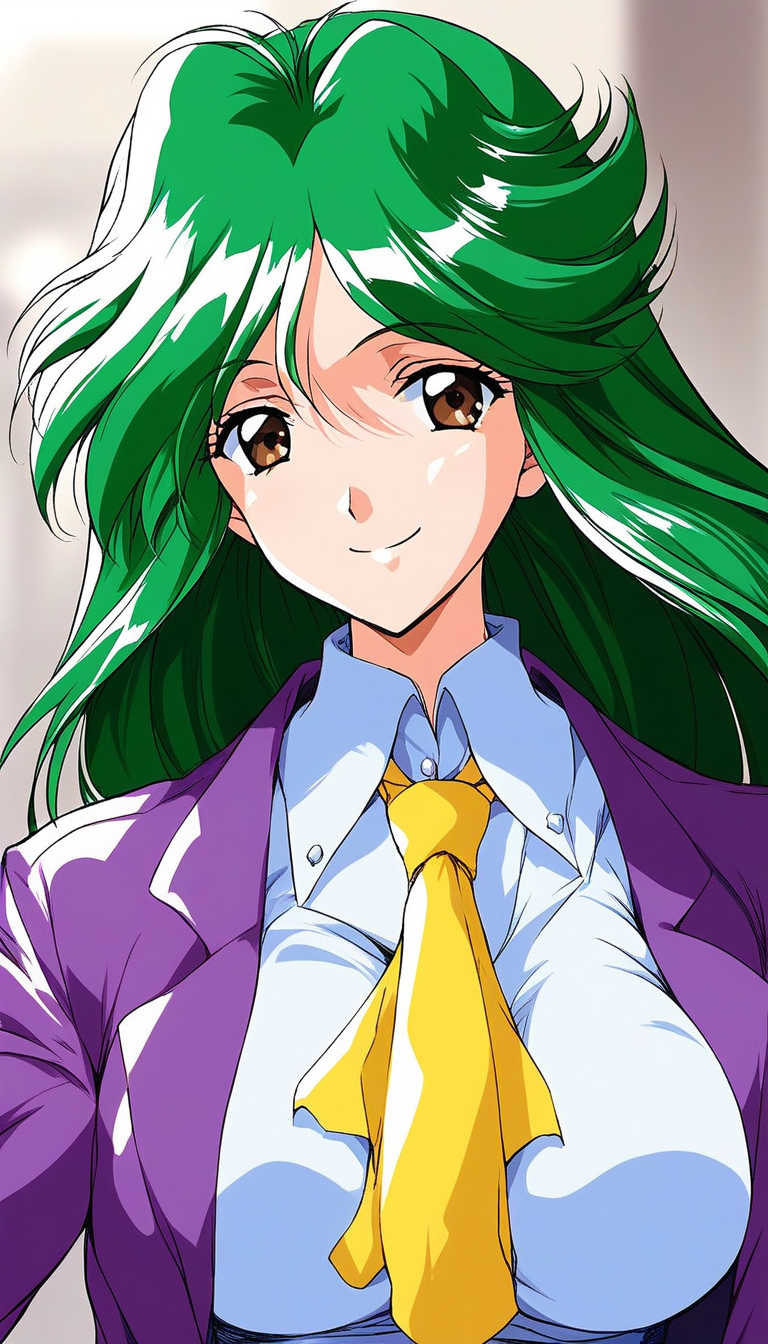score_9, score_8_up, score_7_up, source_anime, rating_explicit, BREAK  <lora:Asou_Kasumi_XL:1> AsouKasumi, solo, green hair, long hair, brown eyes, large breasts, bangs,
purple jacket, Yellow ascot, upper body, looking at viewer,
smile,
looking at viewer, 
cowboyShot,