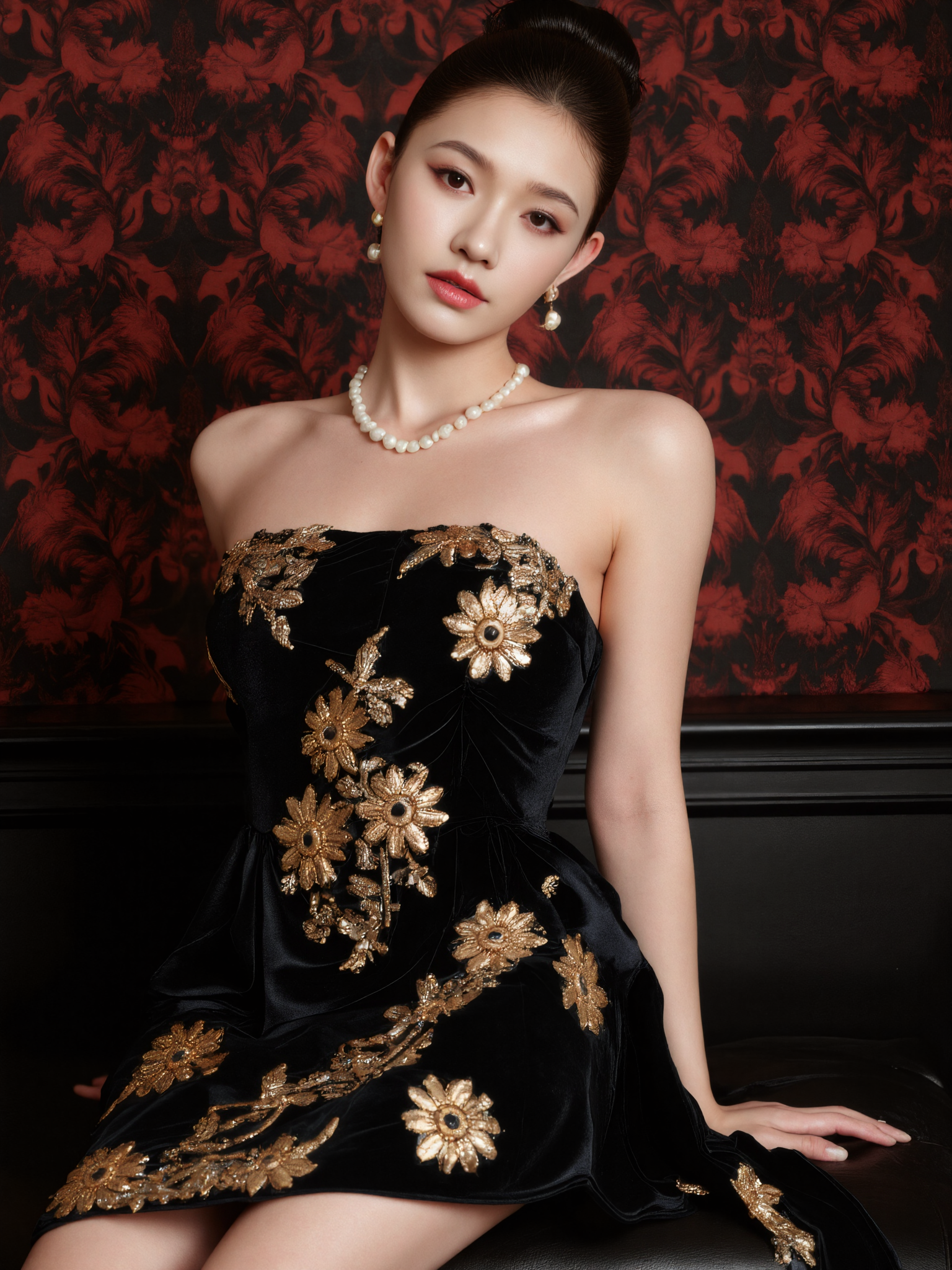 This is a high-resolution photograph featuring an Asian woman with a fair complexion, posed against a rich, dark floral wallpaper. She has a slender build, small breasts, and is wearing a sleeveless, black dress adorned with intricate gold floral patterns. Her dark hair is styled in a sleek, high bun, and she wears a pearl necklace and matching earrings. Her makeup is subtle, with a focus on red lipstick. The lighting is soft, casting gentle shadows and highlighting her serene expression. The camera angle is slightly low, capturing her from the thighs up, adhering to the rule of thirds composition style. The image exudes elegance and sophistication.