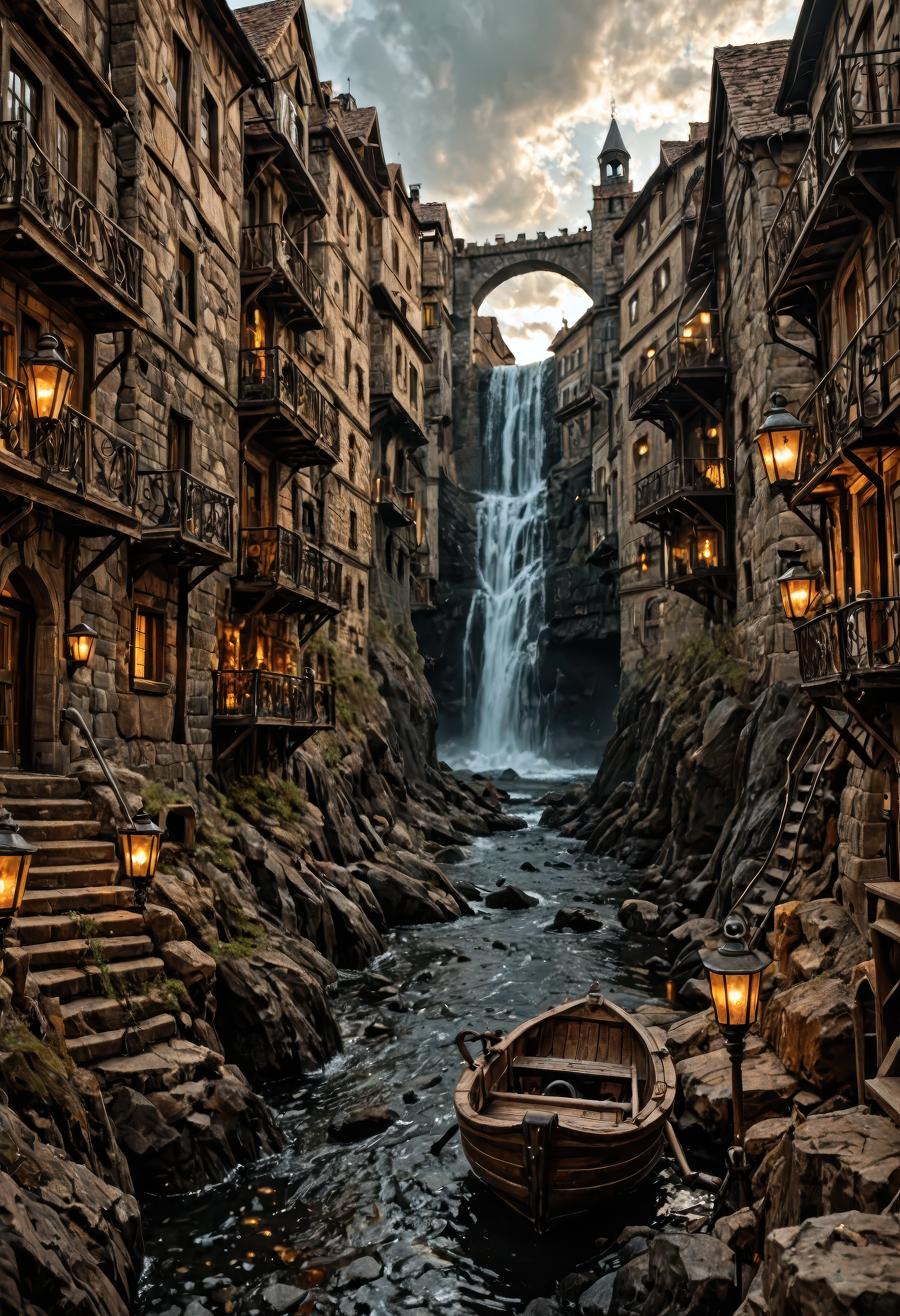 A sprawling, intricate city built into a rocky cliffside, glowing with warm golden lights from windows and lanterns, its architecture a rich fusion of medieval and steampunk design, featuring timber-framed buildings, exposed metal gears, pipes, and winding staircases, a powerful waterfall cascading down the center of the cliff adds dynamic movement and sound to the scene, mist drifting through narrow alleys and bridgeways, in the foreground a small wooden boat with two cloaked figures weaves through dark waters flanked by jagged rocks, the overcast sky filters sunlight faintly through broken clouds, casting a soft mystical glow over the city, the palette blends earthy browns, stone grays, and cool blues, enhancing the fantastical, immersive atmosphere, cinematic composition with rich environmental depth and ultra-fine detail