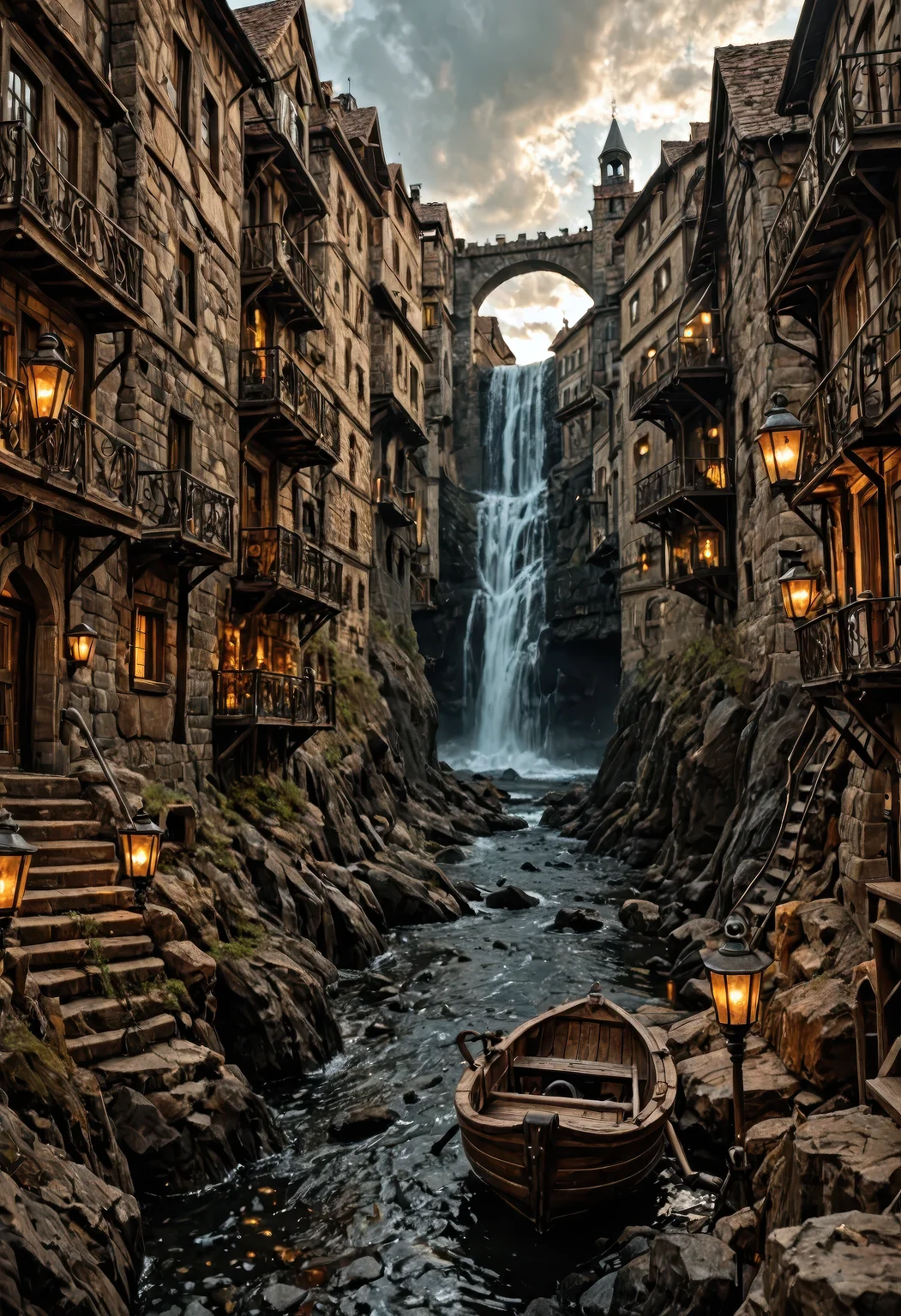 A sprawling, intricate city built into a rocky cliffside, glowing with warm golden lights from windows and lanterns, its architecture a rich fusion of medieval and steampunk design, featuring timber-framed buildings, exposed metal gears, pipes, and winding staircases, a powerful waterfall cascading down the center of the cliff adds dynamic movement and sound to the scene, mist drifting through narrow alleys and bridgeways, in the foreground a small wooden boat with two cloaked figures weaves through dark waters flanked by jagged rocks, the overcast sky filters sunlight faintly through broken clouds, casting a soft mystical glow over the city, the palette blends earthy browns, stone grays, and cool blues, enhancing the fantastical, immersive atmosphere, cinematic composition with rich environmental depth and ultra-fine detail