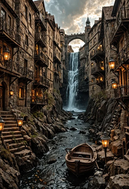A sprawling, intricate city built into a rocky cliffside, glowing with warm golden lights from windows and lanterns, its architecture a rich fusion of medieval and steampunk design, featuring timber-framed buildings, exposed metal gears, pipes, and winding staircases, a powerful waterfall cascading down the center of the cliff adds dynamic movement and sound to the scene, mist drifting through narrow alleys and bridgeways, in the foreground a small wooden boat with two cloaked figures weaves through dark waters flanked by jagged rocks, the overcast sky filters sunlight faintly through broken clouds, casting a soft mystical glow over the city, the palette blends earthy browns, stone grays, and cool blues, enhancing the fantastical, immersive atmosphere, cinematic composition with rich environmental depth and ultra-fine detail