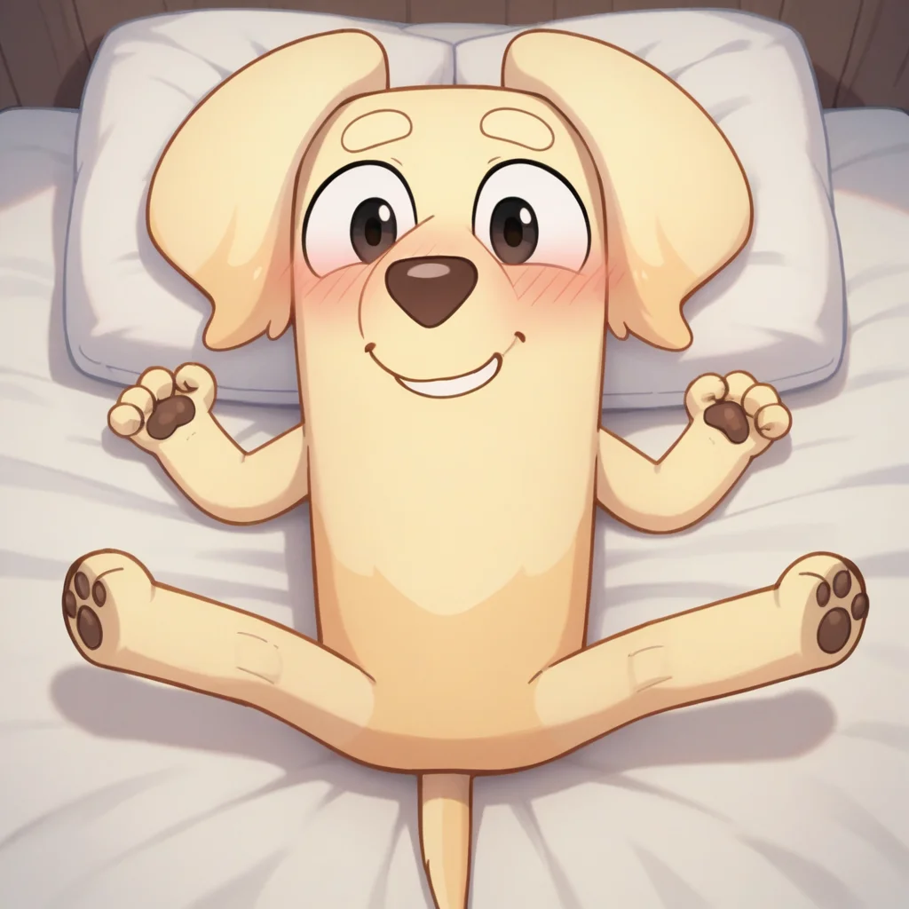 score_9, score_8_up, BREAK <lora:janelleb:1> janelleb, furry, dog, smile, spread legs, bed, on back, looking at viewer, blush,