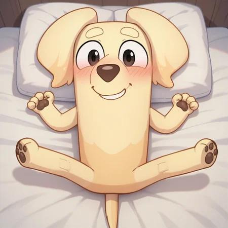 score_9, score_8_up, BREAK <lora:janelleb:1> janelleb, furry, dog, smile, spread legs, bed, on back, looking at viewer, blush,