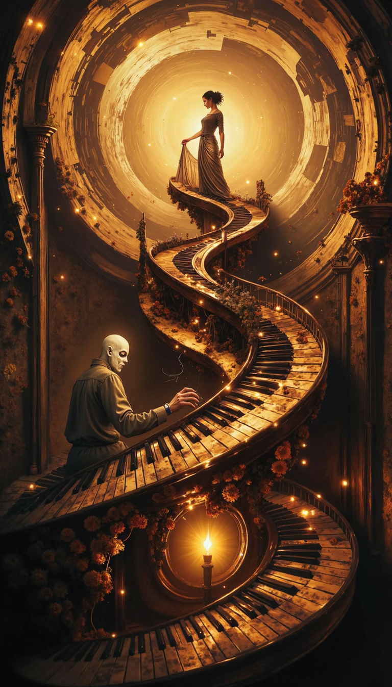 Bioluminescent, A hyperrealistic depiction of a surreal scene: a  piano keyboard morphs into a spiral staircase, ascending into a swirling vortex of golden, autumnal hues.  A figure with a porcelain mask, reminiscent of commedia dell'arte,  emerges from beneath the keys, their hand extended towards a lone female figure in a flowing gown at the apex of the staircase. Emphasize the juxtaposition of the organic and geometric, the tangible and ethereal, with a chiaroscuro  lighting style. Capture the melancholic beauty and enigmatic narrative inherent in the scene.