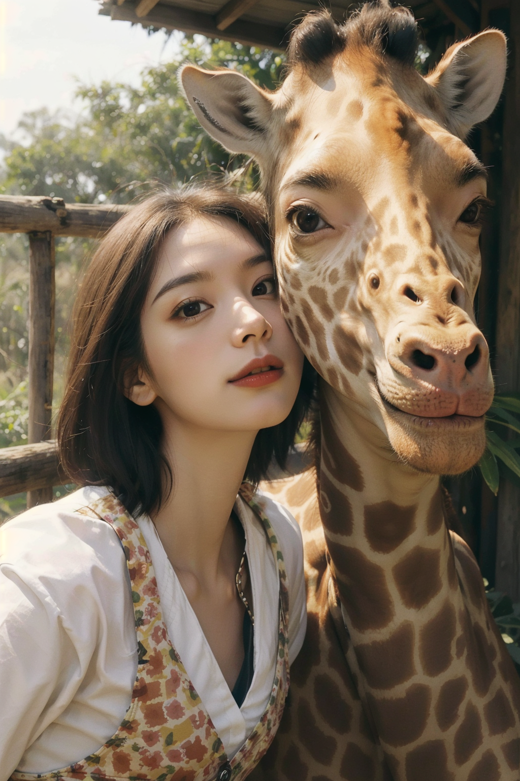 a woman wearing safari gear, standing on a ladder, and taking a selfie with a giraffe. The giraffe leans in with an amused expression as the woman holds her phone out in front of them. The scene is both comical and endearing.
The woman is placed in the lower-left corner of the portrait, with her body angled towards the giraffe in the upper-right corner. The ladder and the giraffe's long neck create diagonal lines leading the viewer's eye across the scene. The background features a savannah setting, adding context to the playful interaction between the woman and the giraffe.
Bright and transparent scene lighting, <lora:Velvia1:0.3>