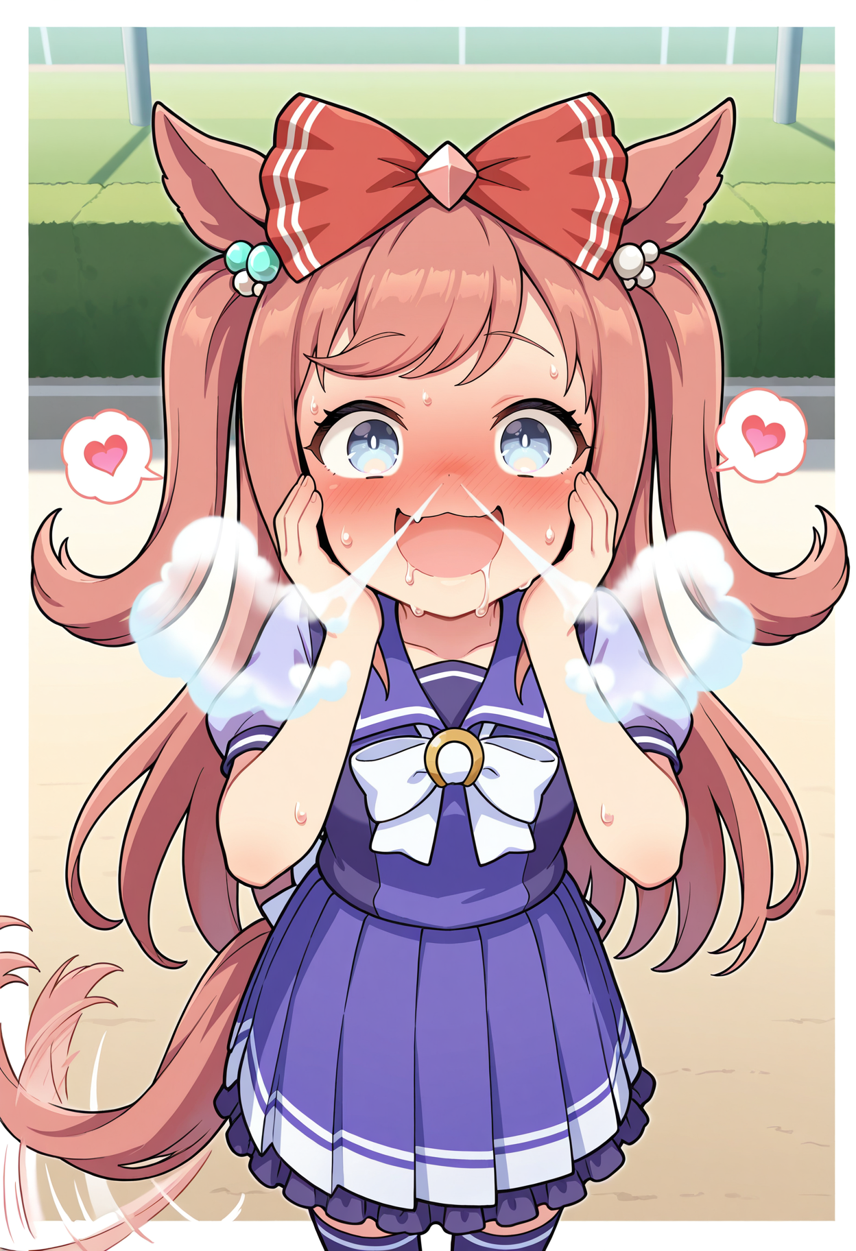 1girl, solo,
agnes digital \(umamusume\),tracen school uniform,ribbon, tail, tail wagging, 
nose vapor,
standing, 
outdoors, school yard, track,
love, smile, happy, excited, saliva, 
sweat,blush, spoken heart, a lot of heart, full-face blush, :d,wavy_mouth,hands_on_own_face,
masterpiece,best quality,amazing quality,very aesthetic,absurdres,newest,
<lora:StS-Illustrious-Detail-Slider-v1.0:1.5>,<lora:reduce_wrinkles_illstriouosv0.1_ADDifT_2_in_1_v1.2:0.8>,<lora:99coins_nose_vapor_IL_v6_06:0.8>,