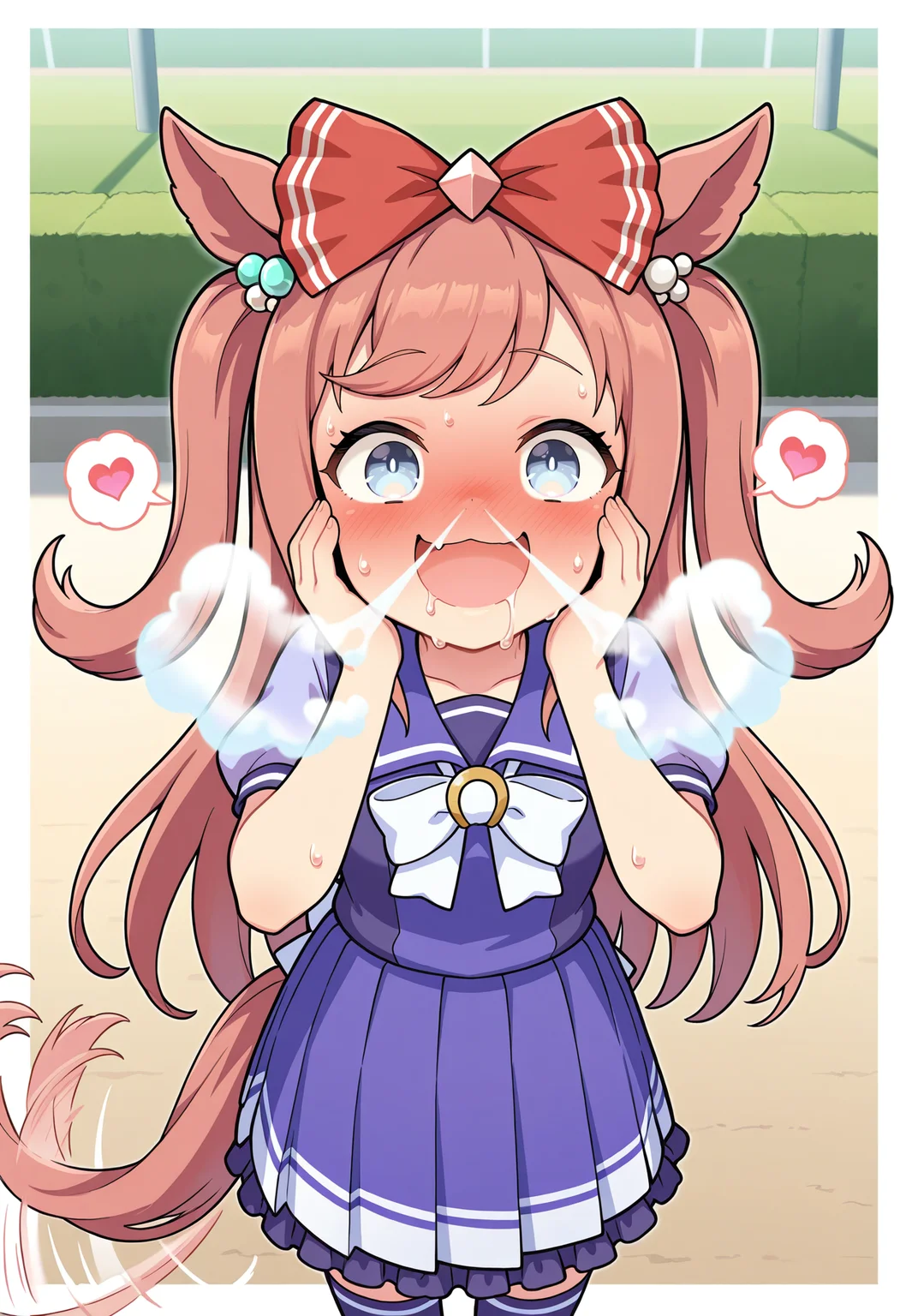 1girl, solo,
agnes digital \(umamusume\),tracen school uniform,ribbon, tail, tail wagging,
nose vapor,
standing,
outdoors, school yard, track,
love, smile, happy, excited, saliva,
sweat,blush, spoken heart, a lot of heart, full-face blush, :d,wavy_mouth,hands_on_own_face,
masterpiece,best quality,amazing quality,very aesthetic,absurdres,newest,
<lora:StS-Illustrious-Detail-Slider-v1.0:1.5>,<lora:reduce_wrinkles_illstriouosv0.1_ADDifT_2_in_1_v1.2:0.8>,<lora:99coins_nose_vapor_IL_v6_06:0.8>,