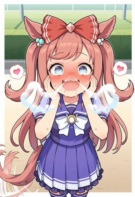 1girl, solo,
agnes digital \(umamusume\),tracen school uniform,ribbon, tail, tail wagging, 
nose vapor,
standing, 
outdoors, school yard, track,
love, smile, happy, excited, saliva, 
sweat,blush, spoken heart, a lot of heart, full-face blush, :d,wavy_mouth,hands_on_own_face,
masterpiece,best quality,amazing quality,very aesthetic,absurdres,newest,
<lora:StS-Illustrious-Detail-Slider-v1.0:1.5>,<lora:reduce_wrinkles_illstriouosv0.1_ADDifT_2_in_1_v1.2:0.8>,<lora:99coins_nose_vapor_IL_v6_06:0.8>,