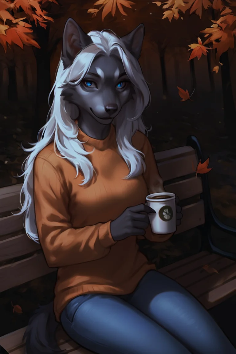 score_9, score_8_up, score_7_up, rating_safe, source_furry, anthro, dark theme, low light, furry, werewolf, grey fur, long hair, white hair, blue eyes, orange sweater, long sleeves, blue jeans, holding cup, coffee cup, disposable cup, 1girl, solo, looking at viewer, cowboy shot, sitting, on bench, bench, outdoors, forest, autumn, falling leaves <lora:NAI3 Smooth Boys Low Light Style LoRA_Pony XL v6:0.8>