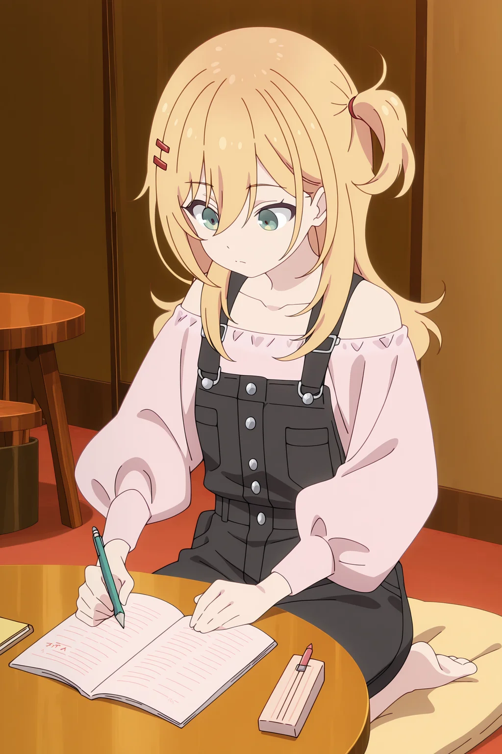 volumetric lighting, official style, amazing quality, ultra detailed, highres, detailed background, anime screenshot, anime screencap, anime coloring, masterpiece, detailed face,1girl <lora:nana_hoshi__-20:1>nana_hoshi, nana_hoshi(outfit 2), blonde hair, long hair, pink off-shoulder shirt, black overalls, long sleeves, solo, hair ornament, green eyes, one side up, collarbone, bangs, closed mouth, bare shoulders, hair between eyes, indoors, puffy long sleeves, sitting, holding, writing, book, pencil, table, seiza, looking down, pen, holding pencil