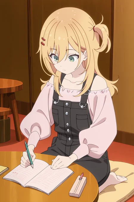 volumetric lighting, official style, amazing quality, ultra detailed, highres, detailed background, anime screenshot, anime screencap, anime coloring, masterpiece, detailed face,1girl <lora:nana_hoshi__-20:1>nana_hoshi, nana_hoshi(outfit 2), blonde hair, long hair, pink off-shoulder shirt, black overalls, long sleeves, solo, hair ornament, green eyes, one side up, collarbone, bangs, closed mouth, bare shoulders, hair between eyes, indoors, puffy long sleeves, sitting, holding, writing, book, pencil, table, seiza, looking down, pen, holding pencil