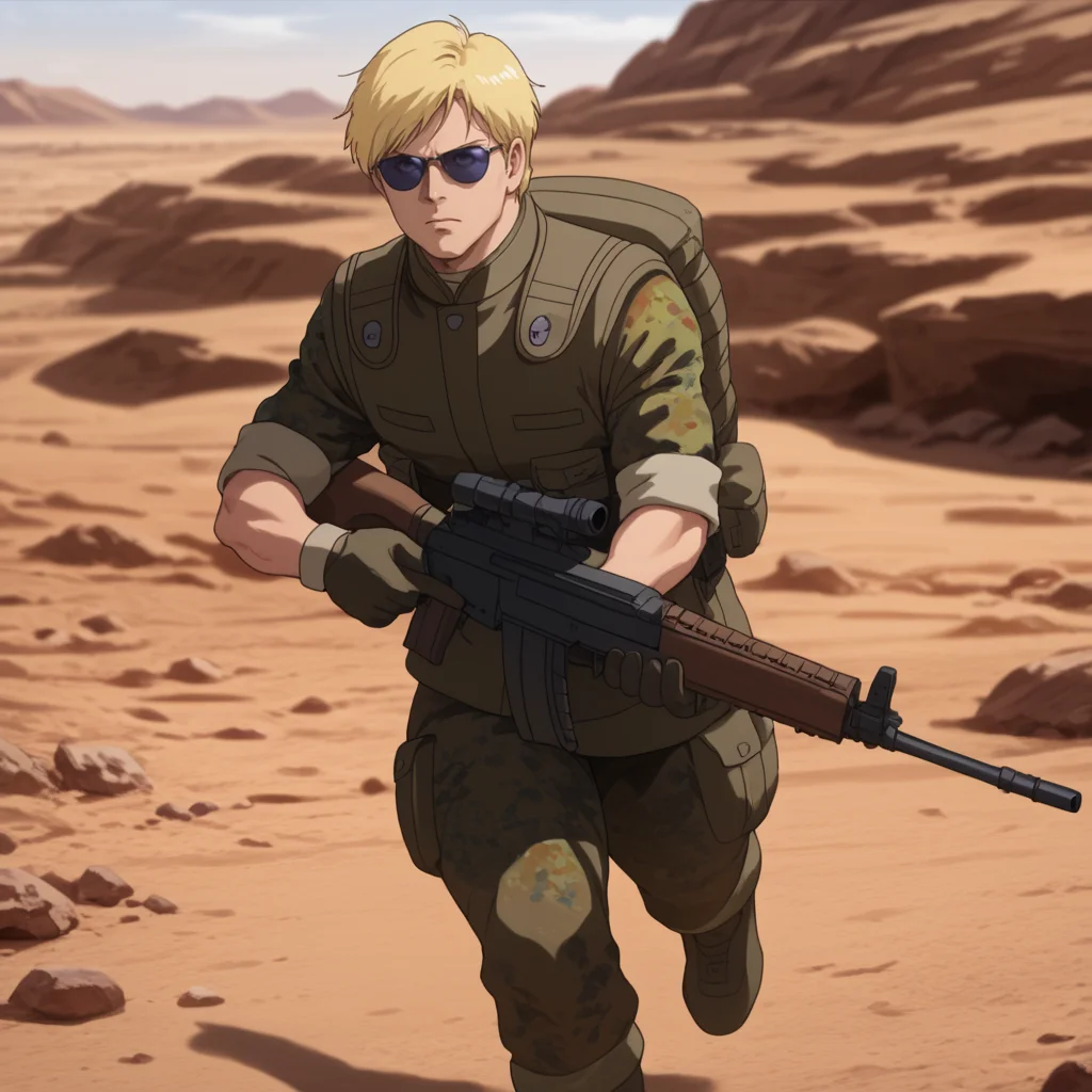 score_9, score_8_up, score_8, solo, adult, <lora:Zeon_Soldier_Mobile_Suit_Gundam_Pony_SDXL:1>, zeon soldier, uniform, 1 man, blonde hair, wearing sunglasses, holding a gun, rifle, running, desert
