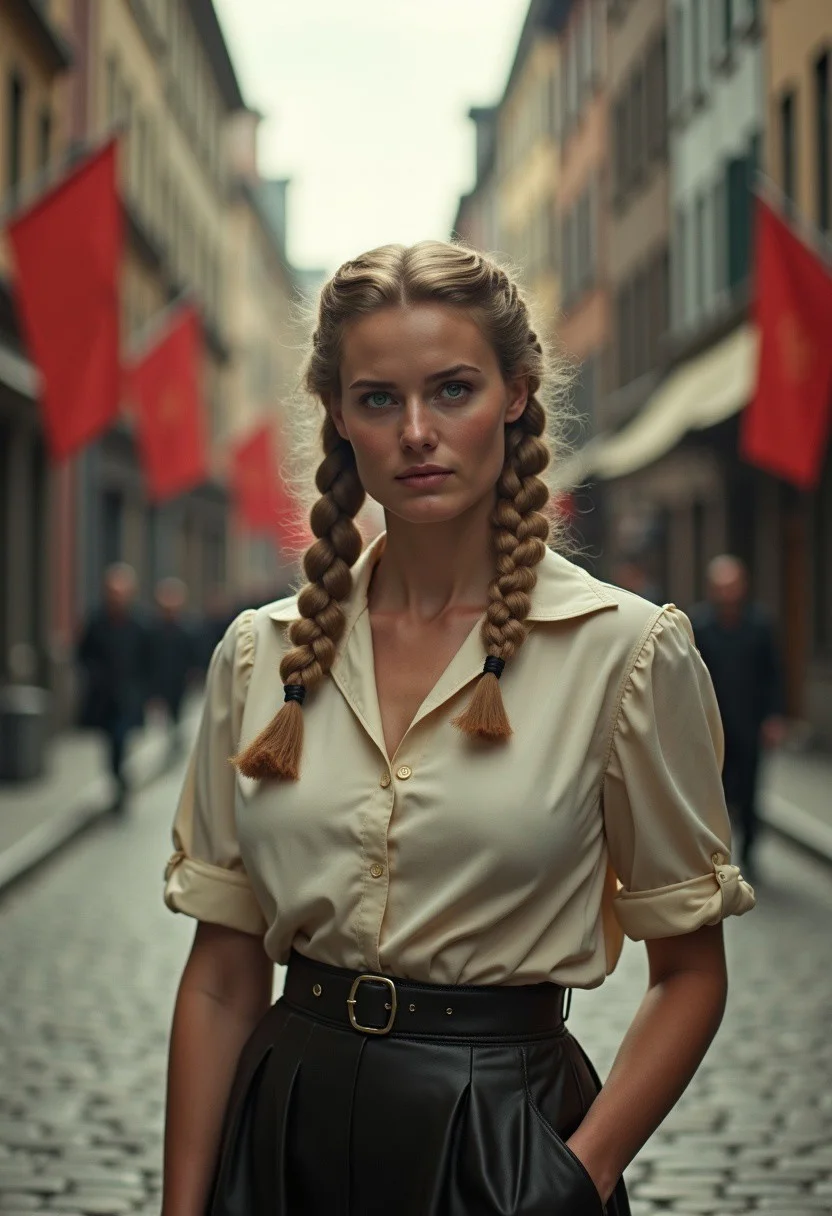A full-body color photograph of a buxom German woman standing on a cobblestone street in 1940s Berlin, her traditionally braided blonde hair framing a sad yet proud expression. She wears a tight blouse that accentuates her figure, including her ample bust, while her natural skin texture and detailed face convey resilience. The hot summer day is palpable, with soft cinematic light casting subtle shadows and dim, faded colors evoking the era's somber atmosphere.
Red flags are faintly visible in the blurred background, adding historical context without detracting from the subject. Captured with a 24mm lens, the scene features 4K textures, intricate details, and a cinematic look. The composition balances sharp focus on the woman with a softly blurred urban backdrop, creating a sense of depth and realism.
Post-processed in Adobe Lightroom and PhotoLab, the image boasts HDR effects, exposure blending, low contrast, and soothing tones. The dramatic lighting highlights her expression and figure, while hyper-detailed textures and muted colors enhance the emotional weight of the scene. A timeless, award-worthy portrayal of strength and vulnerability in 1940s Berlin