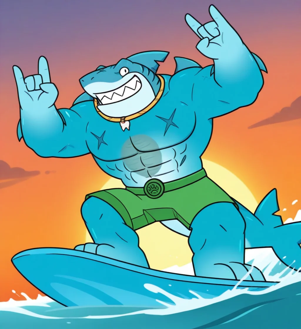 high resolution, best quality, sunset, backlighting, shaded, dutch angle, toothy grin, male, surfing, devil horns hand gesture, wave, full body, sunset background, <lora:Thrash_-_Heroes_of_Goojitzu:1> thr45h, shark, dorsal fin, head fin, notched fin, arm fins, shoulder fins, sharp teeth, teal wristbands, thick arms, muscular, chest scar, abs, pecs, head scar, necklace, shark tooth necklace, blue skin, two tone body, translucent body, green shorts, green belt, barefoot