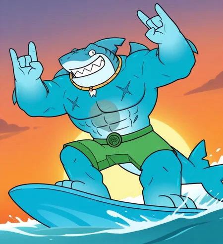 high resolution, best quality, sunset, backlighting, shaded, dutch angle, toothy grin, male, surfing, devil horns hand gesture, wave, full body, sunset background, <lora:Thrash_-_Heroes_of_Goojitzu:1> thr45h, shark, dorsal fin, head fin, notched fin, arm fins, shoulder fins, sharp teeth, teal wristbands, thick arms, muscular, chest scar, abs, pecs, head scar, necklace, shark tooth necklace, blue skin, two tone body, translucent body, green shorts, green belt, barefoot