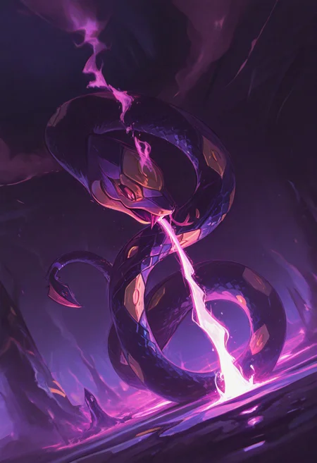 dynamic angle, unusual angle, dynamic, dynamic composition, seviper, snake, pokemon,
In the dim, flickering light, snake reaches out, its movements deliberate yet hesitant. toxicity pulse faintly, glowing, their light casting eerie shadows across the snake. The closer it gets, the air grows colder, heavy with an otherworldly presence. spectral wisps begin to unfurl, curling and twisting like poison smoke, their forms coalescing into ghostly faces etched with agony. Whispers fill the air—soft at first, but rising into a cacophony of tormented wails. The seviper sensing the weight of the cursed power it is about to claim. fury.