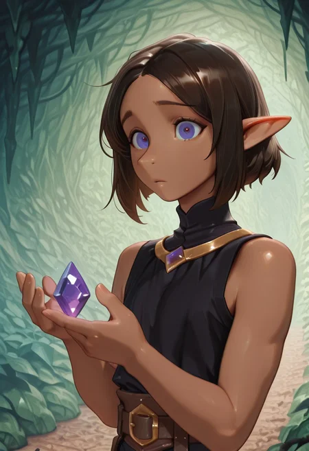 1 Lapanya, solo, Repeta, violet eyes, black sleeveless top,
Raised eyebrows, curious expression,
Holding purple gemstone in one hand, 4-sided gemstone, small gemstone,
organic cavern background, 
Medieval style, Smooth colors, detailed eyes, clean lines, high quality, best quality, masterpiece, rating: safe, source: anime,