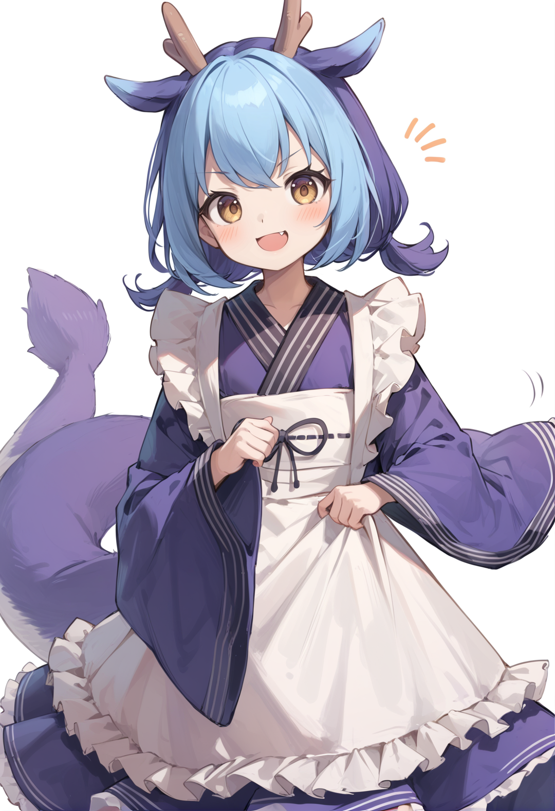 (score_9:0.9),score_8_up,score_7_up,anime style,rating_safe,(zPDXL),<lora:Nurse dragonmaid ponyXL v1:0.73>,laundry dragonmaid,blue maid outfit,1girl,solo,white background,looking at viewer,smile,simple background,open mouth,notice lines,blush,:d,cowboy shot,