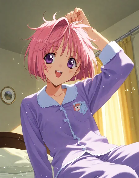 score_9, score_8_up, score_7_up, masterpiece, best quality, absurdres, official art, official style, (anime coloring, anime screencap, megami magazine, flat color:1.3), zPDXL2, zPDXLxxx,
<lora:Nanase_Aoi_Style_Pony_v1:1.0>, 1girl, solo focus, Nanase_Aoi_Style, (early_nanase:1.3)
bedroom, on bed, bed sheet, dim lighting, light particles, (from below:1.3), looking at viewer, dutch angle,
, open mouth, short hair, pajamas, purple pajamas, bed, smile, arm up, bob cut, upper teeth only, purple eyes, sitting, pink hair, looking to the side, indoors, :d, curtains, teeth, messy hair