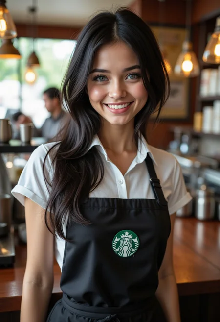 Bella Poarch
A stunningly beautiful slim 20 year old with black hair and with a barista, looks like bella porch white blue eyes, cutest girl in the world and smiling at the viewer in her barista uniform, full body, serving coffee, starbuck