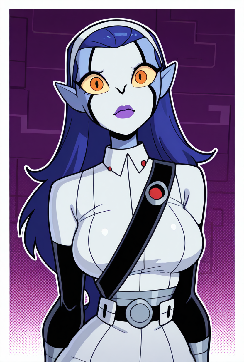 <lora:rookshar-10:1> rookshar, blue hair, colored skin, yellow sclera, long hair, 1girl, purple lips, white hairband, pointy ears, white suit, black sleeves,  <lora:welwraith-guy90-Illust-Lycorisv1:1> welith, curvy, masterpiece, best quality, amazing quality, very aesthetic, absurdres, newest,, upper body, halftone effect, white borders, abstract background:1.2,