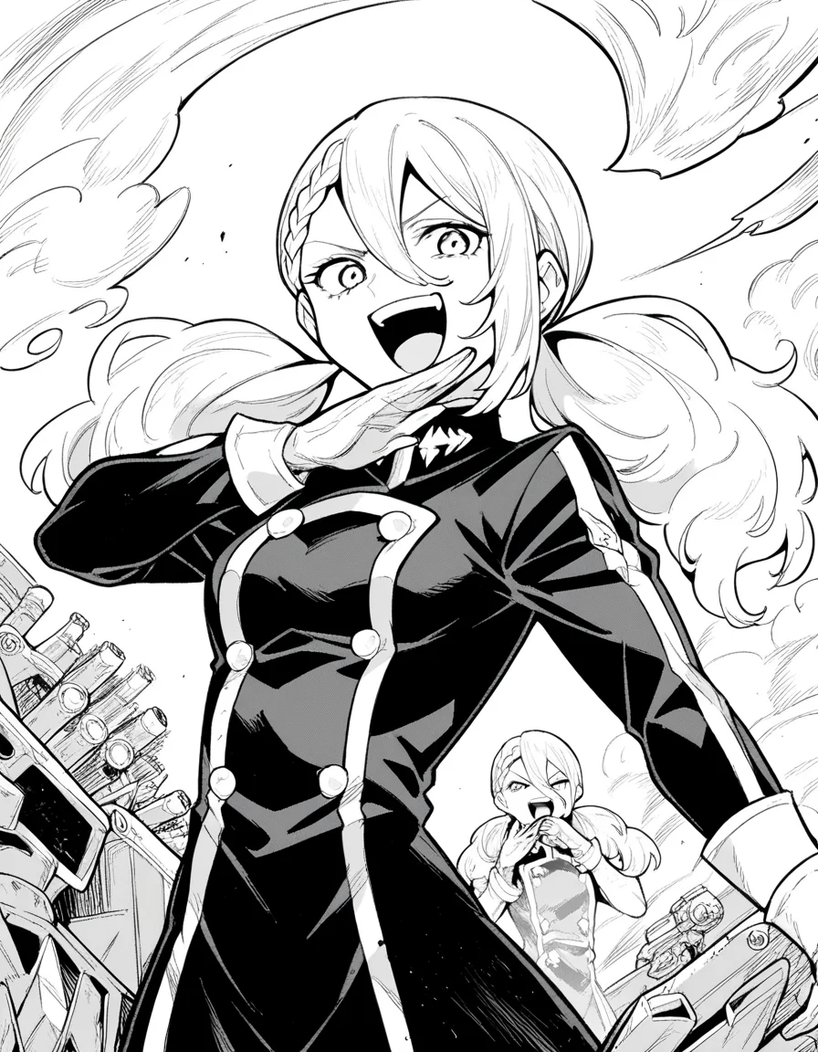score_9, score_8_up, score_7_up, source_anime, <lora:varvara-pilipenko-manga-ponyxl-lora-nochekaiser:1>, varvara pilipenko, greyscale, monochrome, long hair, hair between eyes, braid, twintails,, gloves, uniform, military, military uniform, power plant, machinery, smoke, energy, workers, , <lora:ojou-sama-pose-ponyxl-lora-nochekaiser:1>, ojou-sama pose, laughing, smug, hand to own mouth, open mouth,, looking at viewer, solo,, dutch angle, cowboy shot