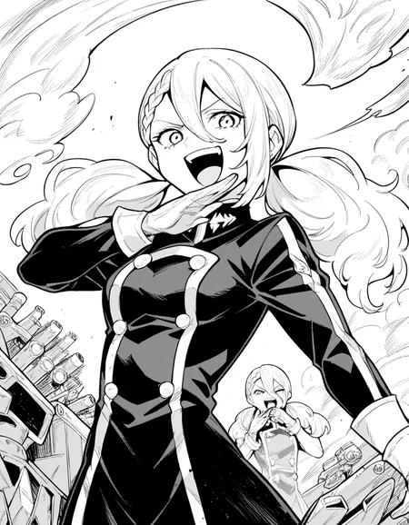 score_9, score_8_up, score_7_up, source_anime, <lora:varvara-pilipenko-manga-ponyxl-lora-nochekaiser:1>, varvara pilipenko, greyscale, monochrome, long hair, hair between eyes, braid, twintails,, gloves, uniform, military, military uniform, power plant, machinery, smoke, energy, workers, , <lora:ojou-sama-pose-ponyxl-lora-nochekaiser:1>, ojou-sama pose, laughing, smug, hand to own mouth, open mouth,, looking at viewer, solo,, dutch angle, cowboy shot