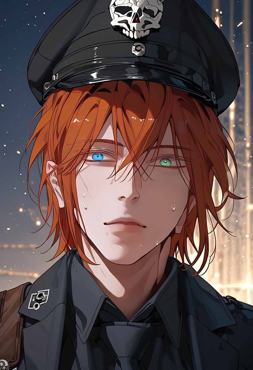 score_9, score_8_up, score_7_up, score_6_up, source_anime, 2d, 1boy, handsome boy, athletic body, manly boy, toned body, toned, male focus, solo, sweat, <lora:Chaos__Hero_Killer__Manhwa__webtoon:1>, Chaos, heterochromia, blue eye, green eye, auburn hair, medium hair, scars all over the body, closed lips, perface face, (perfect face, perfect eyes:1.2), looking at viewer, bishounen, toned male, athletic build, large pectorals, abs, six pack, pecs, cute boy in his mid twenties, nighttime, midnight background, lamppost, <lora:warden-ponyxl-lora-nochekaiser_r1:1>, skull hat ornament, uniform, military uniform, black uniform, hat, cap, black cap, armband, collared shirt, black necktie, hand behind back, straight posture, swastikas armband, empty expression, pointing a gun at viewer, pistol