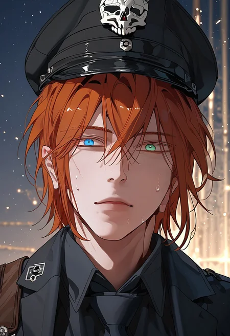 score_9, score_8_up, score_7_up, score_6_up, source_anime, 2d, 1boy, handsome boy, athletic body, manly boy, toned body, toned, male focus, solo, sweat, <lora:Chaos__Hero_Killer__Manhwa__webtoon:1>, Chaos, heterochromia, blue eye, green eye, auburn hair, medium hair, scars all over the body, closed lips, perface face, (perfect face, perfect eyes:1.2), looking at viewer, bishounen, toned male, athletic build, large pectorals, abs, six pack, pecs, cute boy in his mid twenties, nighttime, midnight background, lamppost, <lora:warden-ponyxl-lora-nochekaiser_r1:1>, skull hat ornament, uniform, military uniform, black uniform, hat, cap, black cap, armband, collared shirt, black necktie, hand behind back, straight posture, swastikas armband, empty expression, pointing a gun at viewer, pistol