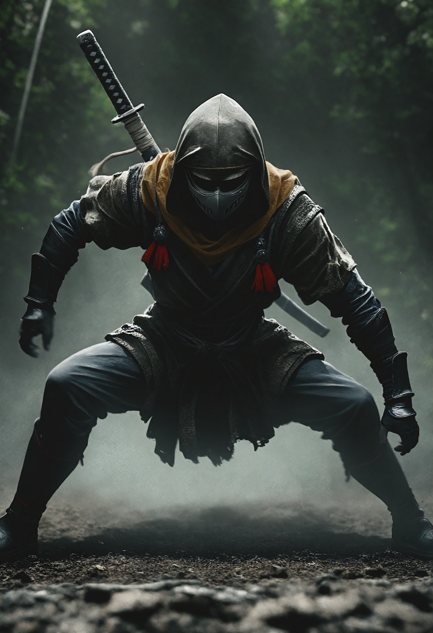The ninja stands poised to attack with his katana,lush tropical forest in Japan,motion blur,highly detailed,strong contrast,intricate details,volumetric light,16k HDRI,lot of details,high quality,dramatic atmosphere,atmospheric perspective,subsurface scattering,transparency,analog style,film photography,sharp focus,soft focus,cinematic vibrant lighting,heavy shadow,create a photo realistic image that the viewer has never envisioned before,the image should demonstrate extreme creativity,imaginative,bold,inspiring,original in subject,original in style