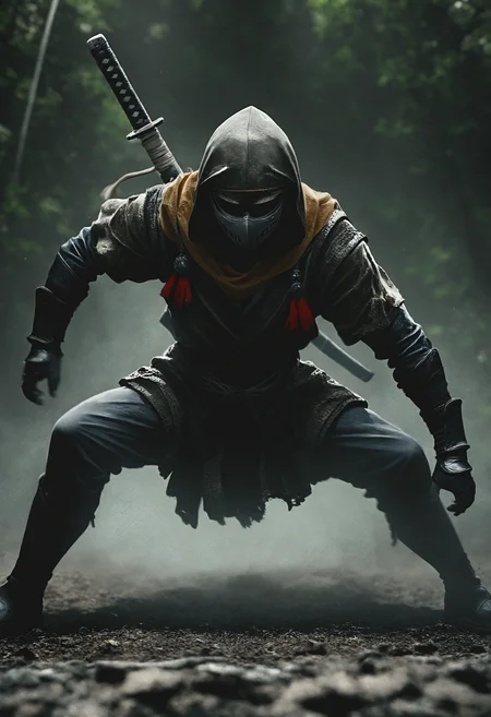 The ninja stands poised to attack with his katana,lush tropical forest in Japan,motion blur,highly detailed,strong contrast,intricate details,volumetric light,16k HDRI,lot of details,high quality,dramatic atmosphere,atmospheric perspective,subsurface scattering,transparency,analog style,film photography,sharp focus,soft focus,cinematic vibrant lighting,heavy shadow,create a photo realistic image that the viewer has never envisioned before,the image should demonstrate extreme creativity,imaginative,bold,inspiring,original in subject,original in style