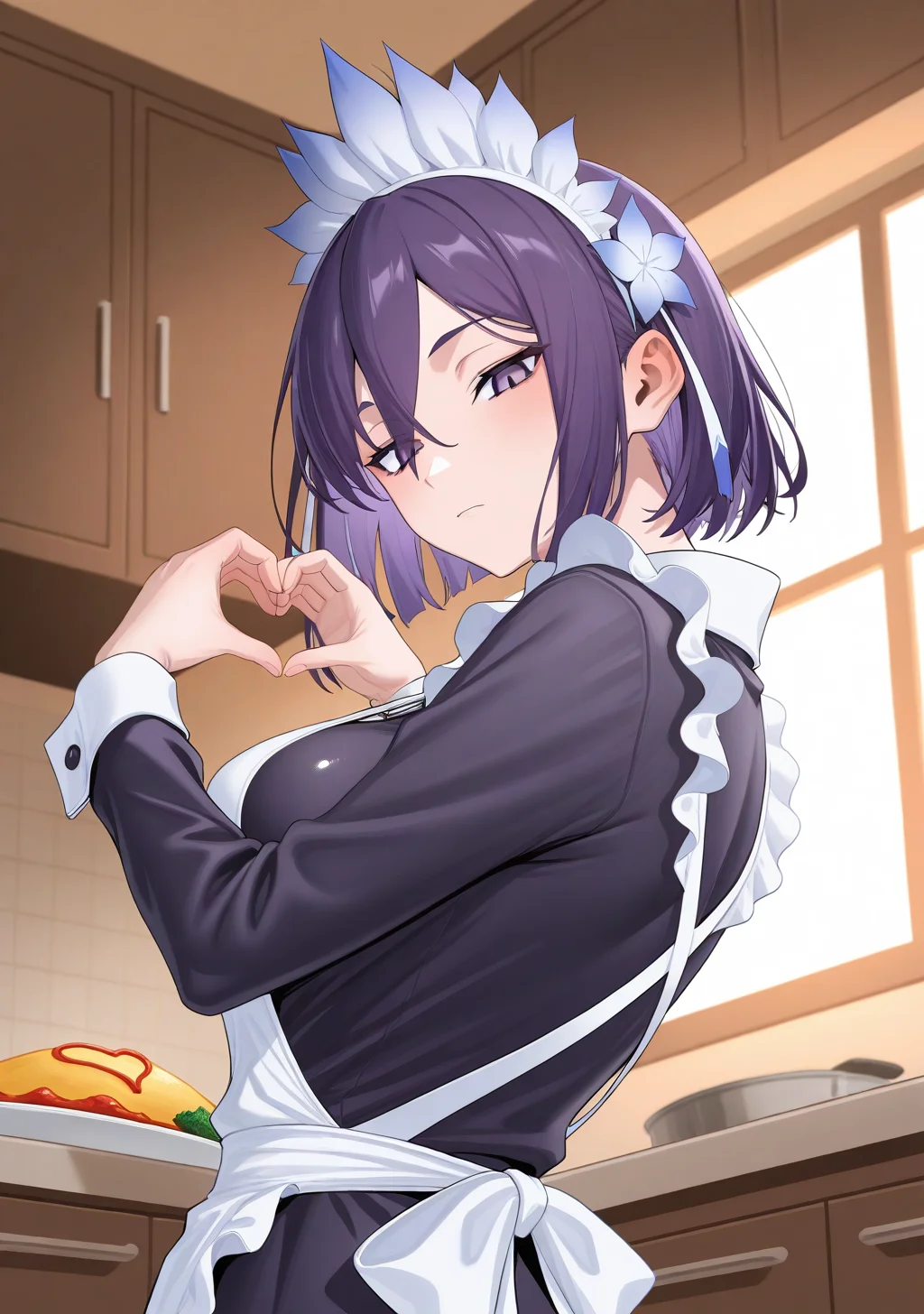 masterpiece, best quality, absurdres, perfect lighting,shiny skin,<lora:ulrich:0.8>,ulrich,1girl,amane, purple eyes, purple hair, short hair,bangs, hair ornament,hair flower,<lora:amane:1>,maid apron, maid headdress,omurice,food, heart hands,heart effects, looking down,looking back,expressionless,kitchen,