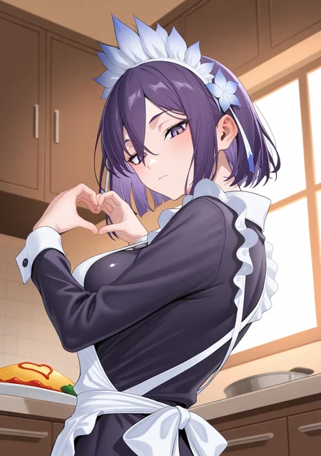 masterpiece, best quality, absurdres, perfect lighting,shiny skin,<lora:ulrich:0.8>,ulrich,1girl,amane, purple eyes, purple hair, short hair,bangs, hair ornament,hair flower,<lora:amane:1>,maid apron, maid headdress,omurice,food, heart hands,heart effects, looking down,looking back,expressionless,kitchen,