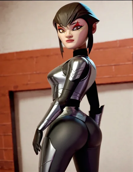 girl,kara1, black short hair, brown eyes, makeup, a mole under the eye, metallic armor, saggy ass, pawg,standing,red face paint, high quality, score_9, score_8_up, score_7_up, <lora:Karai:0.7>