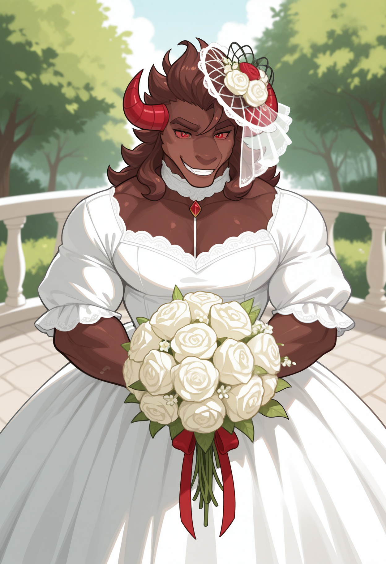 masterpiece,best quality,amazing quality, 1boy, solo, schwa4rzwä4lderm, colored sclera, furry, bara, bouquet, white dress, fascinator, smile, holding bouquet,outdoors, crossdressing, 