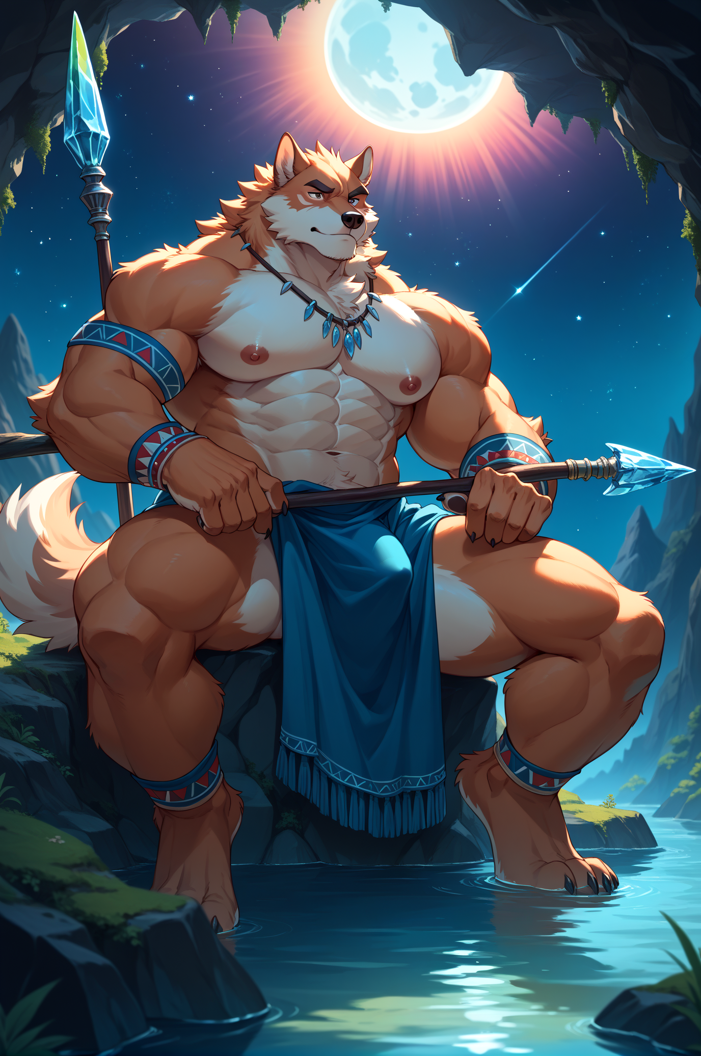 score_9,score_8_up,score_7_up,score_6_up,furry,kemono,high quality,tail,rating_explicit,embedding:zPDXL3 BREAK male furry,(bara),huge plump Chest Muscles,perfect anatomy,
8k,masterpiece,sexy,(rainbow gradient bioluminescent dress),(starry night background),nebula,aurora,((outdoors)),dark background,from below,Sitting person looks up,gray wolf,spear,Tribal style clothes,clear river,ice cave,purple sunset,sitting on a big rock
