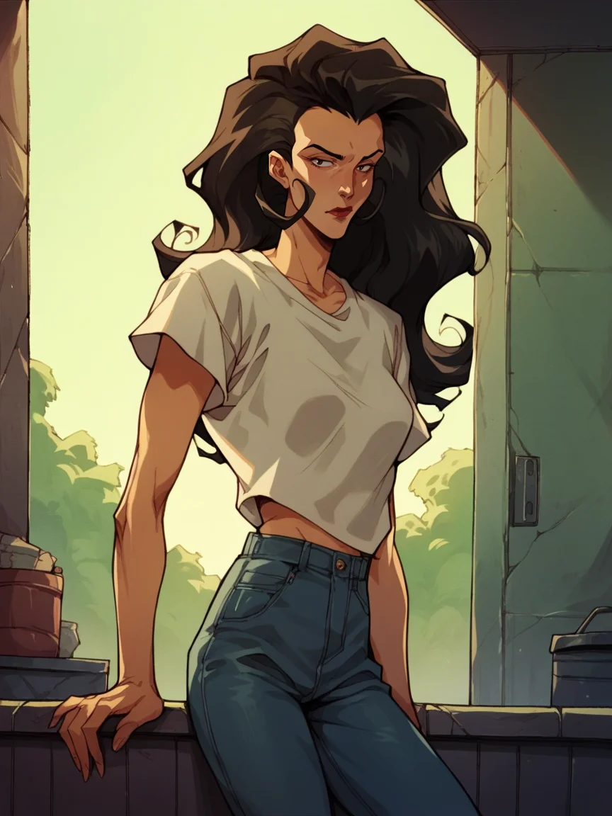 score_9, score_8_up, score_7_up, score_6_up, score_5_up, <lora:aeoxFluxXLP:0.8> aeox flux, retro artstyle, 1girl, jeans, t-shirt, long hair, solo