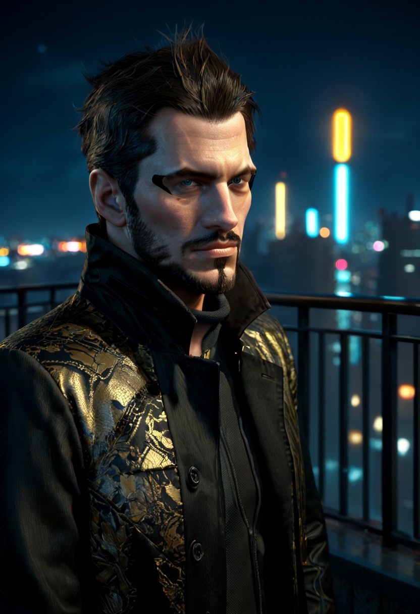 score_9, score_8_up, score_7_up, 1boy, 1man, adam_jensen, upper body, black coat with golden pattern, retracted shades next to eyes, on a balcony, night sky, neon city lights in background, side view, face turned towards viewer