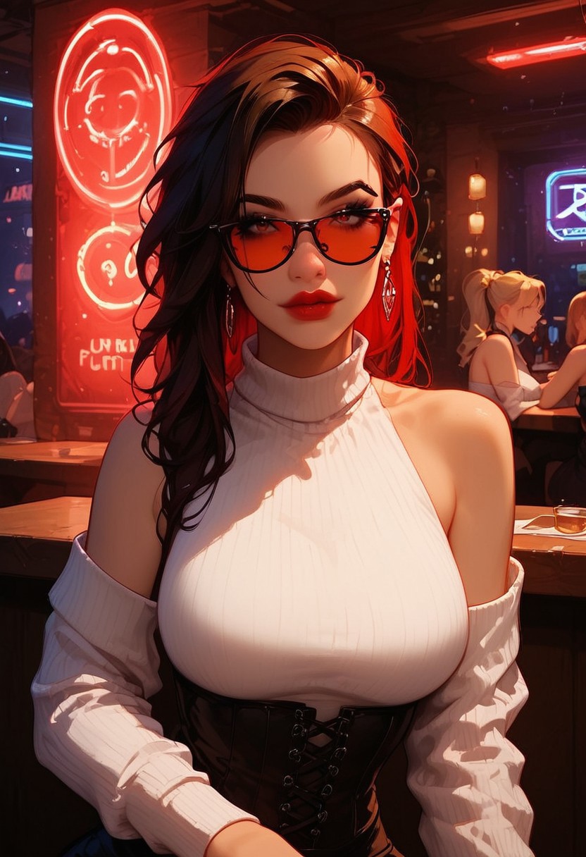 score_9,score_8_up,score_7_up,score_6_up,score_5_up, best_quality, ultra-detailed, masterpiece, close up, 
1girl, jewelry, glasses, earrings, corset, looking at viewer, red nails, ring, bare shoulders, red lips, tinted eyewear, ribbed sweater, sleeveless sweater, turtleneck, black nails, black skirt,
Break
In a night club, sitting at the bar, looking from across the counter, neon lights, dark interior, neon glow,