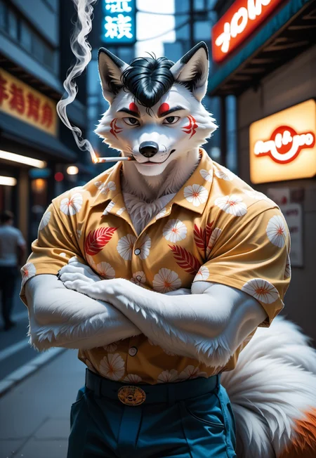 score_9, score_8_up, score_7_up, score_6_up, Anthro Fox, kitsune, ((white fur, red markings,)) multiple tails, hawaiian shirt, tan slacks, perfect anatomy, (Neon signs, night background) tokyo street background, hyper muscles, male, highres, (realistic:1.4), perfect sharpness, (fox furry), very silky detailed fur, tail, paw, animal ears, ((black hair, pompadour, black eyes, smoking cigarette))
