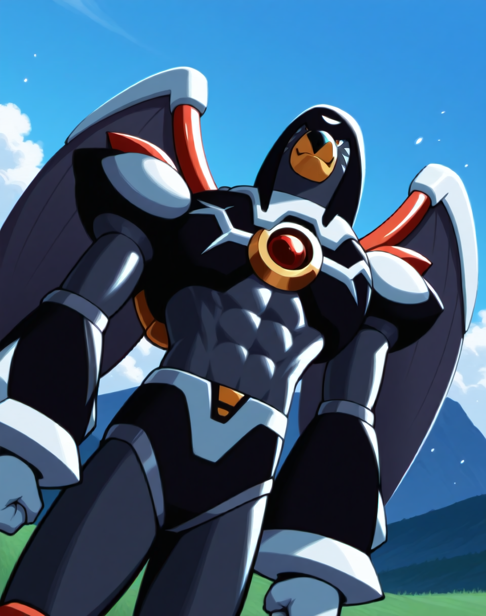 <lora:Flame_Falcon_(Mega_Man_X)_(Illustrious)_(AD):1.5> Flame Falcon, reploid, MMX, 
exterior, blue sky with clouds, mountain valley, grassy valley,
dutch angle, dynamic action, cowboy shot,
male focus, intense shadows, dynamic shadows, intricate details, attention to details, gradient coloring, robot, bright vivid colors, deep metallic colors, glossy metal body, wings, beak, abs, hyper muscular, evil villain, evil smirk, 
BREAK very awa, masterpiece, best quality, amazing quality, very aesthetic, highres, absurdres,
EZRealPONYXL, zPDXL, Smooth Quality, lazynsfw,