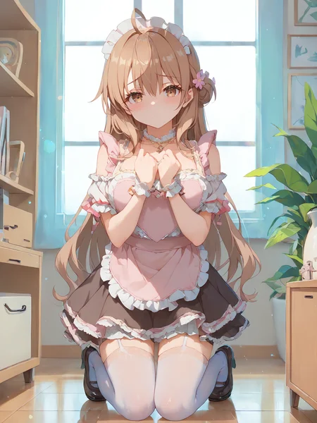 score_9, score_8_up, score_7_up,
kneeling, shy face, eyes level,
best quality, masterpiece, cozy room,
professional photo, high key light, hard shadow, soft bokeh,
masha_ane, brown eyes, brown hair, hair flower, long hair, ahoge,
lovelybear_maid_outfit, looking at viewer, minimal diamonds jewelry with a necklace,
<lora:hinaAlyaMashaYuki_wifu_rev2:1>
<lora:hinaMaidOutfitLovelybear_rev2:1.2>