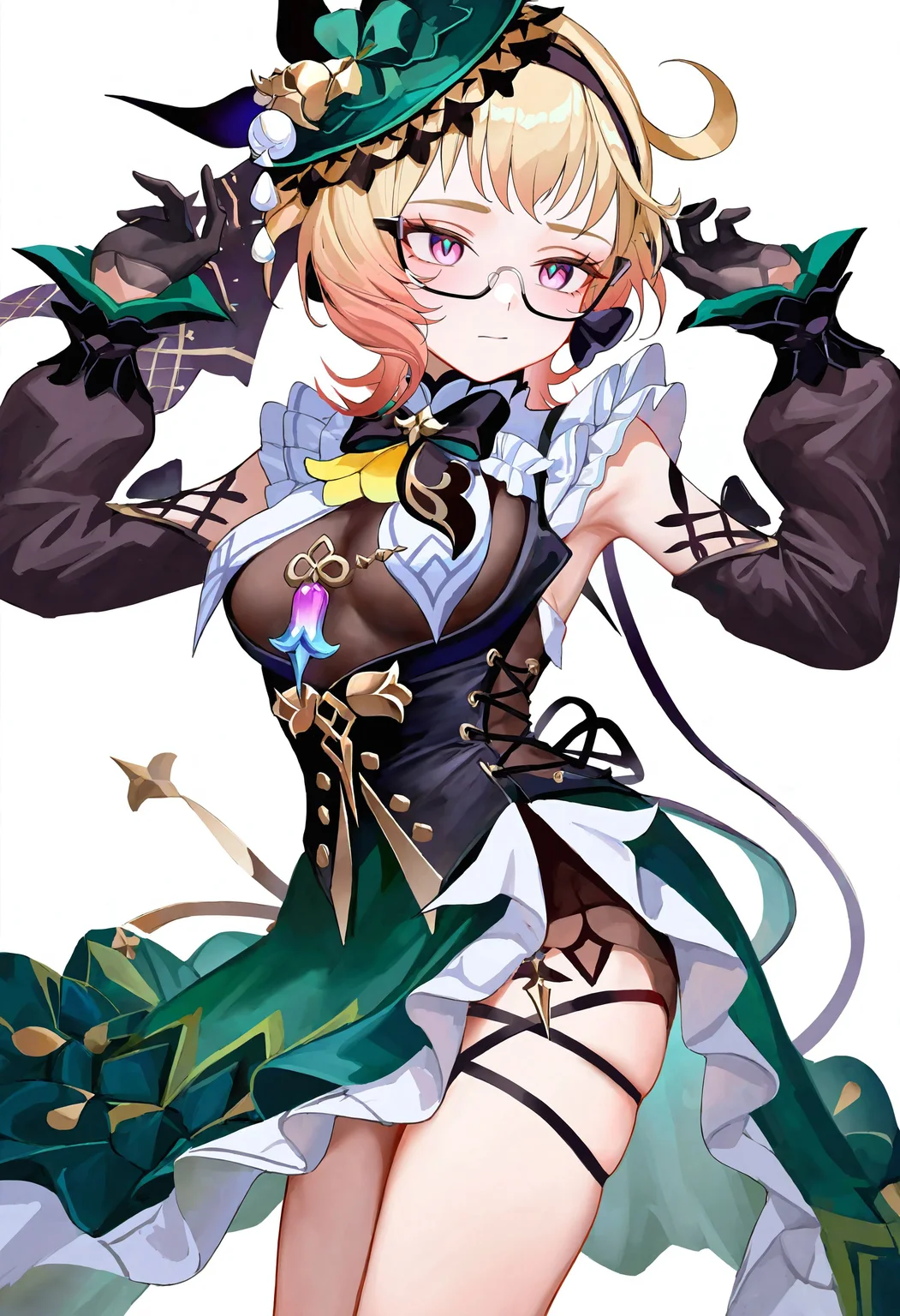 artist:torino aqua,[artist:asakuraf],[artist:fkey],[artist:ask{askzy}],[[artist:as109]],
pepq,
1girl, emilie_\(genshin_impact\), solo, black gloves, breasts,   detached sleeves, thigh strap, green skirt, long sleeves, frills, semi-rimless eyewear, medium breasts, bow, black-framed eyewear, black bow, ahoge,
best quality,amazing quality,very aesthetic,absurdres,year 2023,
<lora:pepq_NoobVpred05:1>,<lora:emilie_NoobVpred05:1>