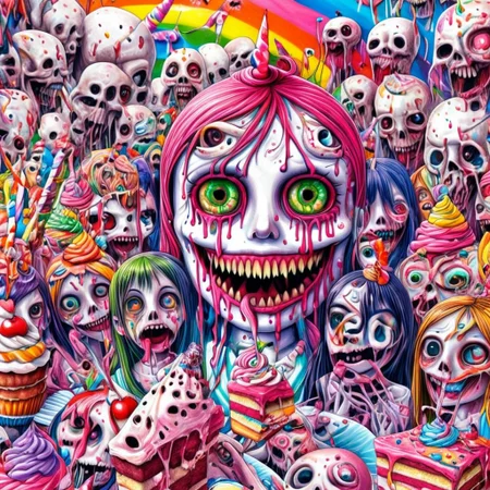 Lisarank, creepy cupcake with scary mouth looming over anime girls at a birthday party, skulls and cake, rainbows, cute, high quality, high resolution,