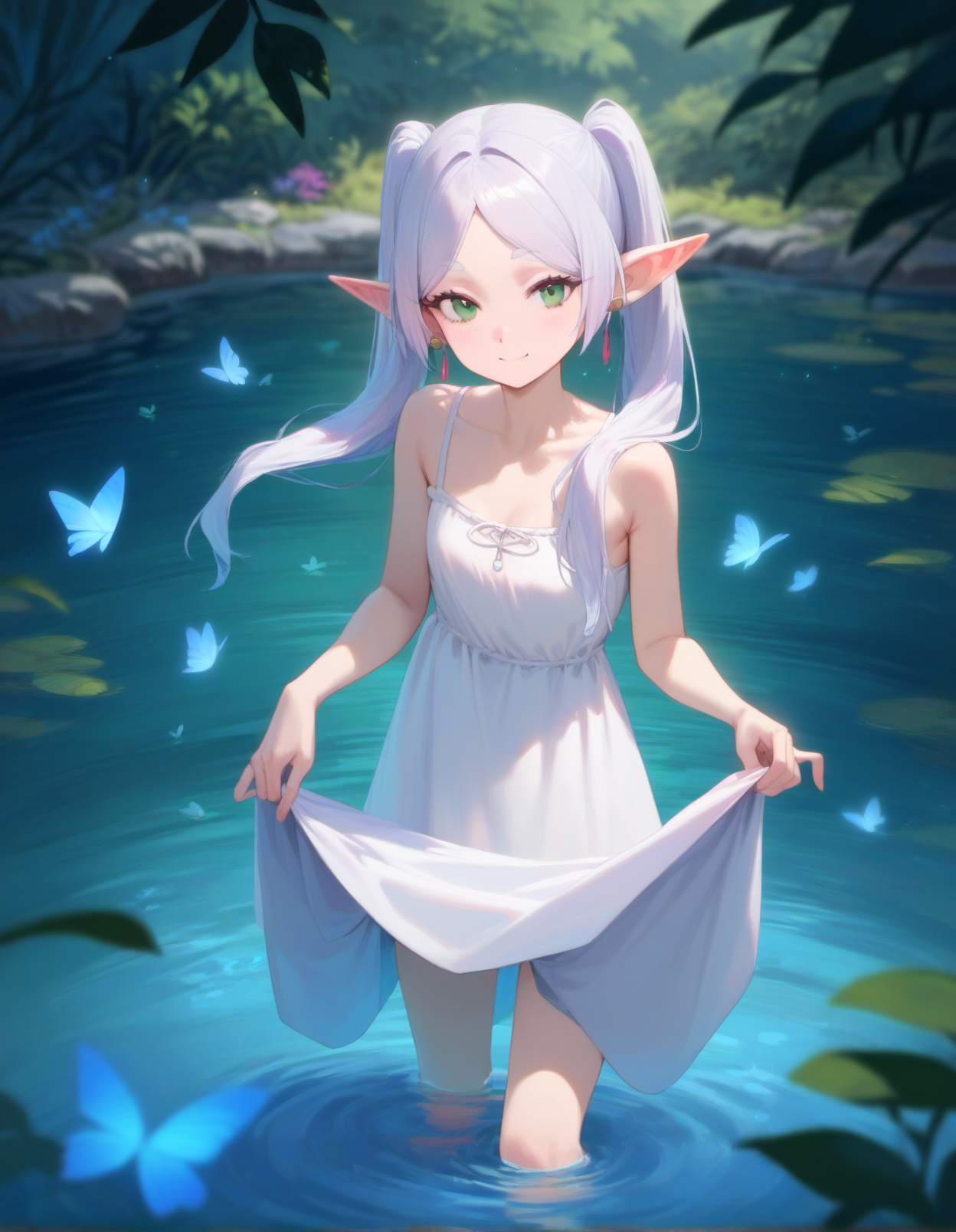 score_9, score_8_up, score_7_up, score_6_up,
nereirfpnxl, frieren, skirt hold, blue butterfly, butterfly, pointy ears, clothes lift, lifted by self, wading, elf, plant, dress lift, leaf, dress, skirt basket, glowing butterfly, depth of field, rating:safe, green eyes, long hair, water, skirt lift, earrings, twintails, breasts, nature, tree, branch, bare shoulders, collarbone, jewelry, pond, outdoors, smile, bare arms, looking at viewer, white dress
<lora:frieren_nereirfpnxl_pony:1>