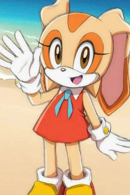 feminine, masterpiece, best quality, newest, absurdres, highres, cream the rabbit, furry, rabbit girl, rabbit ears, red dress, gloves, brown eyes, blue ribbon, neck ribbon, looking at viewer, waving, beach, socks, shoes,
BREAK
dynamic background,   <lora:Cream_The_Rabbit_IL:1>