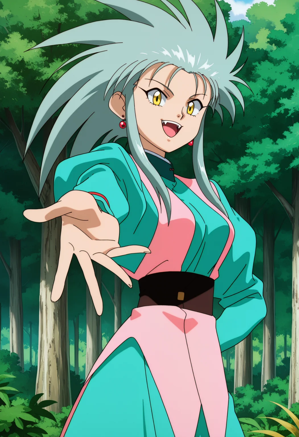 ry0, 1girl, solo, spiked hair, yellow eyes, long hair, earrings, looking at viewer, smile, open mouth, upper teeth only, fangs, pose, outdoors, forest, medium breasts, anime screencap, anime coloring, cowboy shot, from side