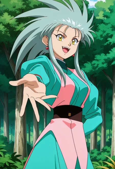 ry0, 1girl, solo, spiked hair, yellow eyes, long hair, earrings, looking at viewer, smile, open mouth, upper teeth only, fangs, pose, outdoors, forest, medium breasts, anime screencap, anime coloring, cowboy shot, from side