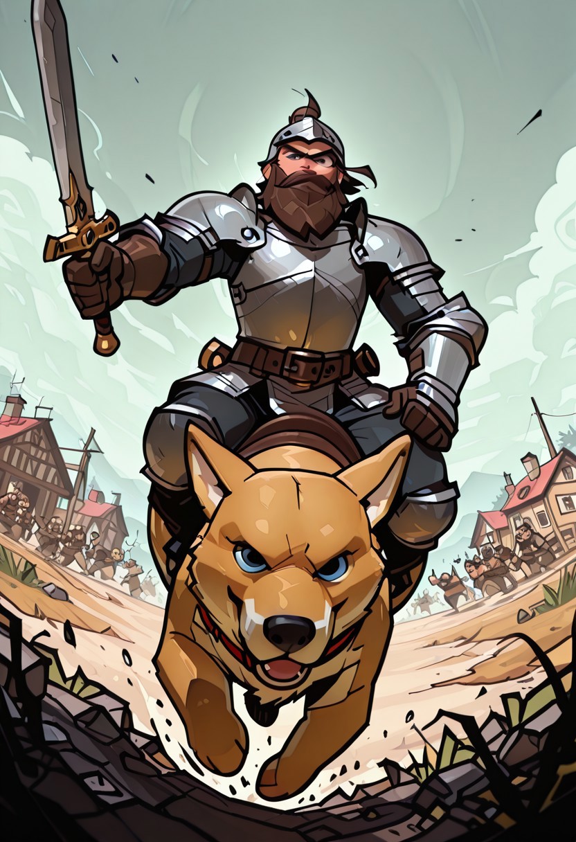 cartoon, masterpiece, best quality, amazing quality, 4k, high resolution, absurdres, newest, chizzle, giddyup, outdoors, Welsh countryside, battlefield, 1man, dwarf, tiny man, warrior, beard, fantasy plate armor, holding a sword, giddyup, riding a corgi, charging, male focus, corgis, corgis charging, attack dogs, war dogs, dynamic pose, action, foreshortening, dynamic angle, looking at viewer,